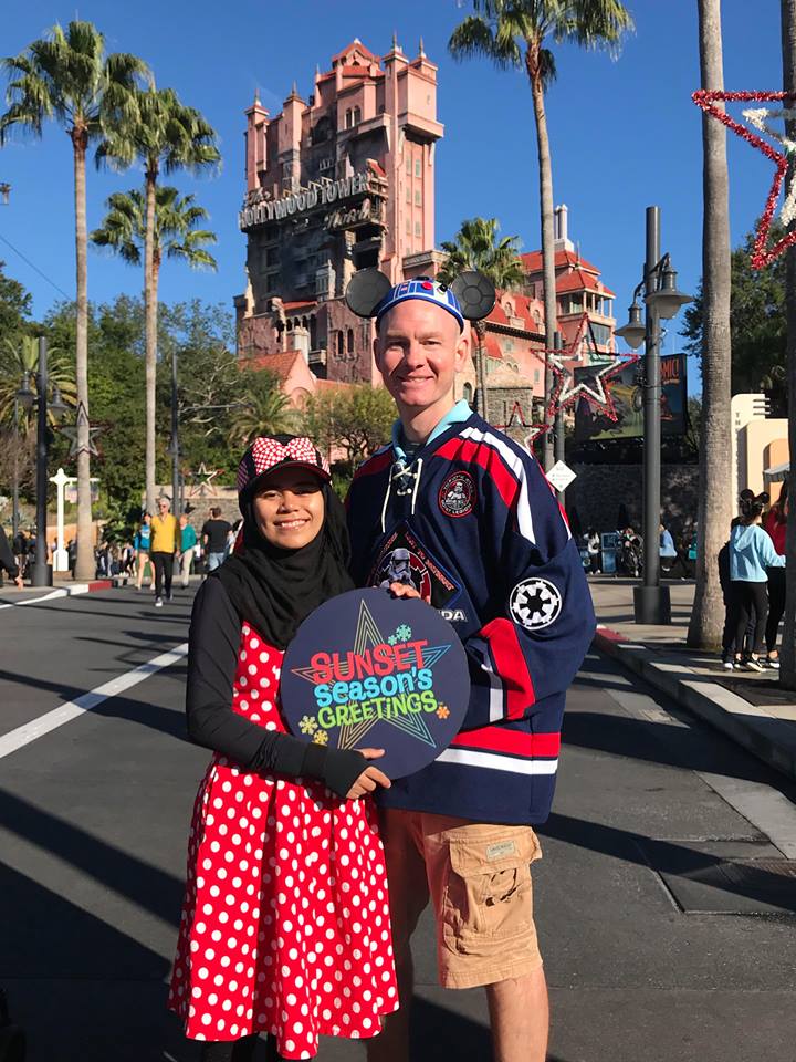 Ayu and Matt in front of Tower of Terror at Hollywood Studios 1 (12-18-18) (1)